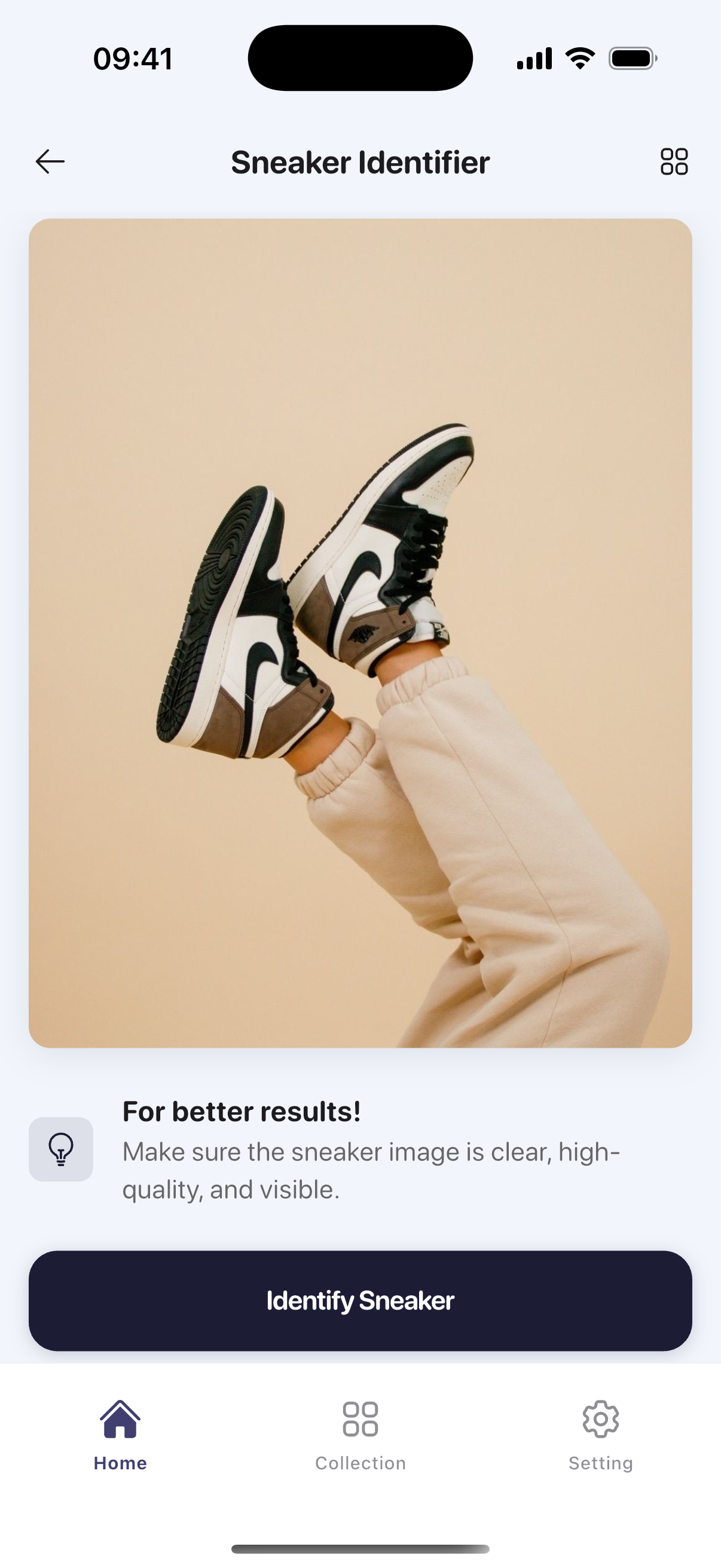 Sneaker AI mobile app camera interface for taking photos of Nike Jordan Adidas sneakers for instant identification and authentication