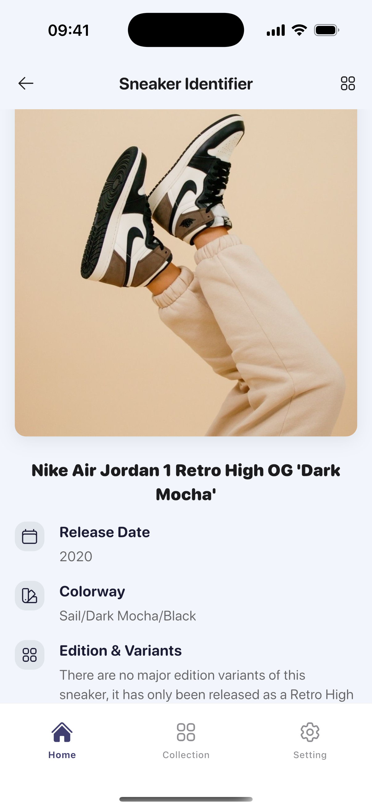 Sneaker AI app results screen showing identified Nike sneaker model, authentication status, current market value, and similar listings