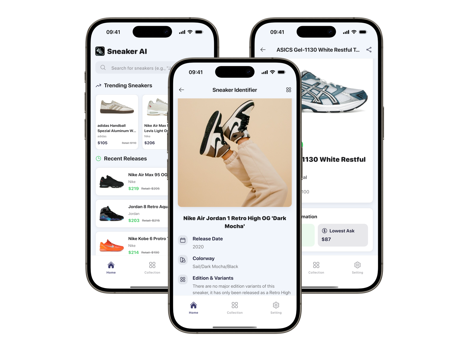 Sneaker AI app interface showing Nike Jordan sneaker identification, authentication results, market value checker, and collection management features